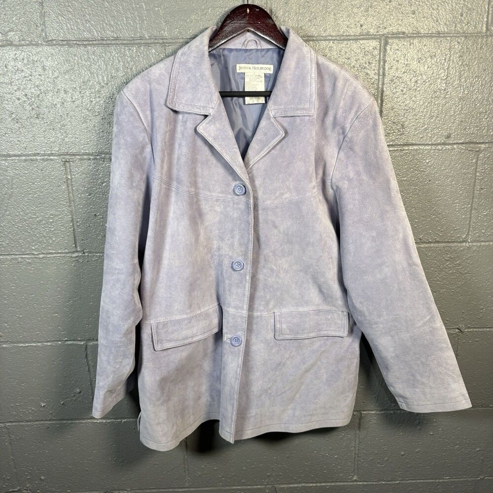 Jessica Holbrook Suede Leather Jacket Women's L Purple Button Blazer Coat